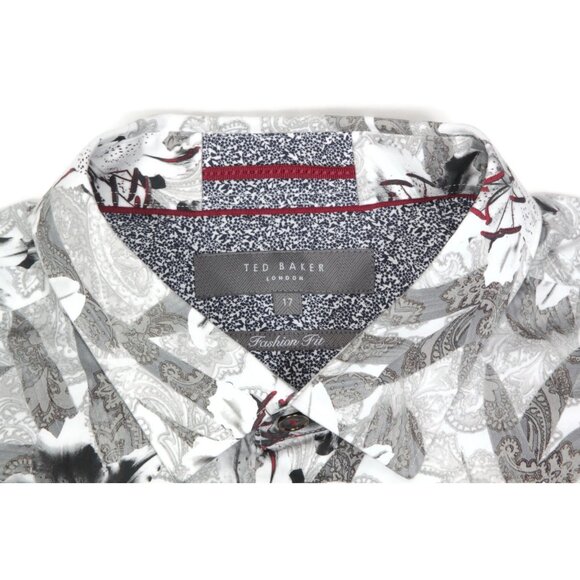 Ted Baker Mens Long Sleeve Shirt Grey White Floral size 17 Fashion Fit - 944 - Picture 2 of 4